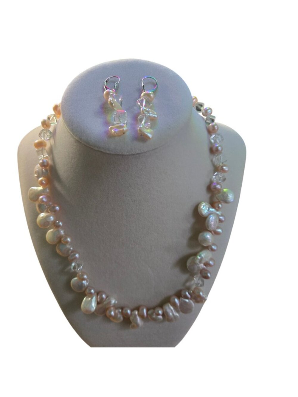 Genuine Baroque Keshi Pearl Blush Toggle Necklace 14k White Gold Earring Set
